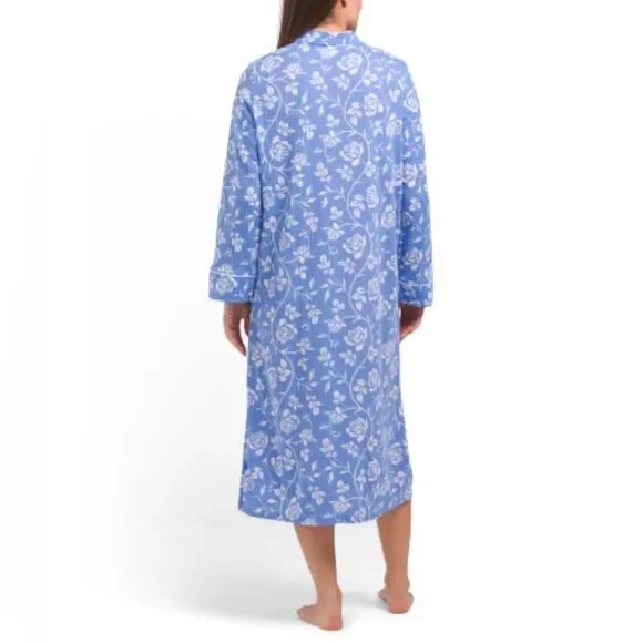 jasmine rose SML Light Blue White Floral Waffle Knit Full Zip Long Sleeve Robe - Picture 2 of 15